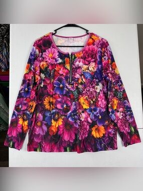Chaos‎ Monkey Top Womens L Large Pink Multicolor Floral Butterfly Long Sleeve